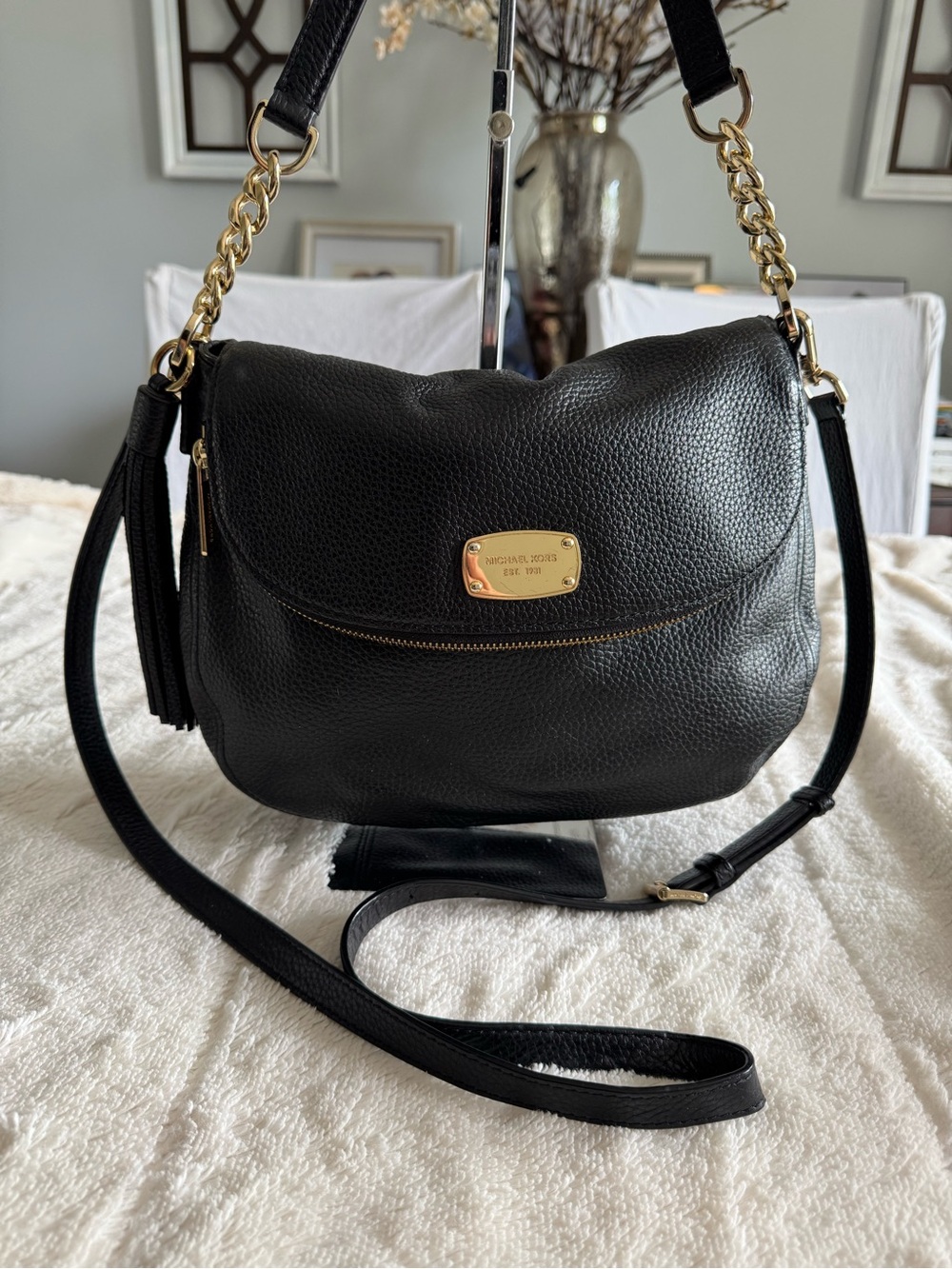 Michael Kors Black Pebbled Leather Shoulder Bag with Gold Hardware